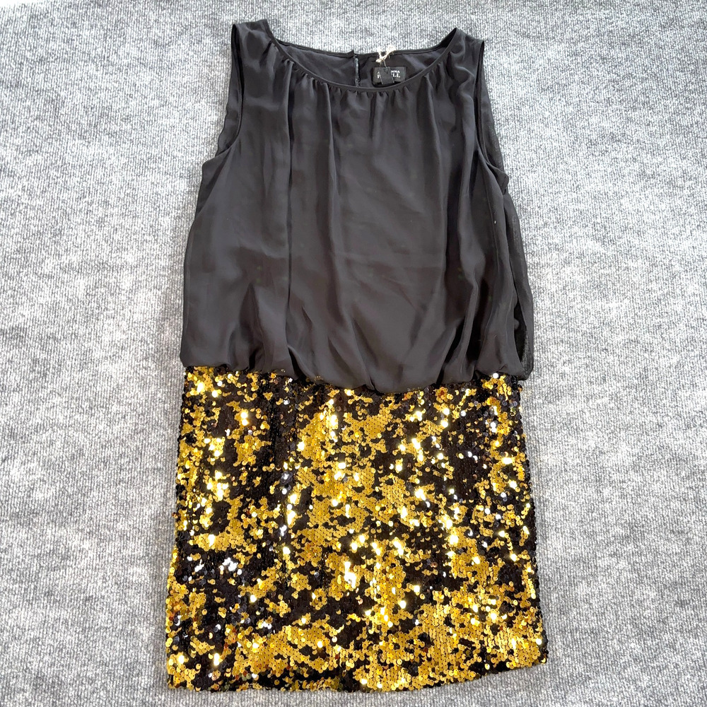 Adrianna Papell Black Gold Sequin Dress Size 12 Blouson Side Zip Holiday Party